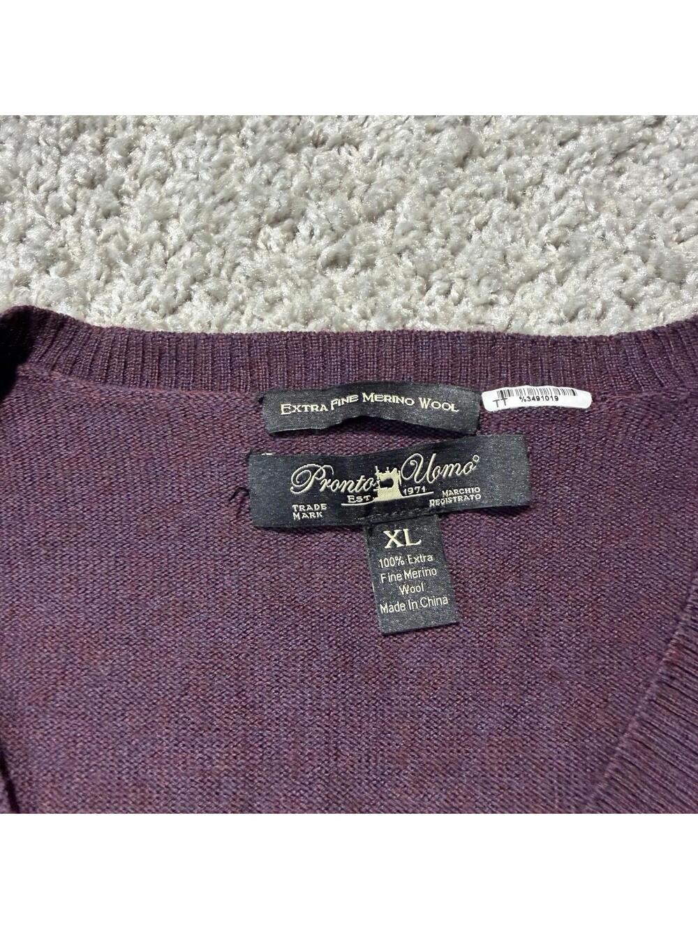 Pronto Uomo Men's 100% Extra Fine Merino Wool V-neck Sweater Size XL Purple - Picture 2 of 5